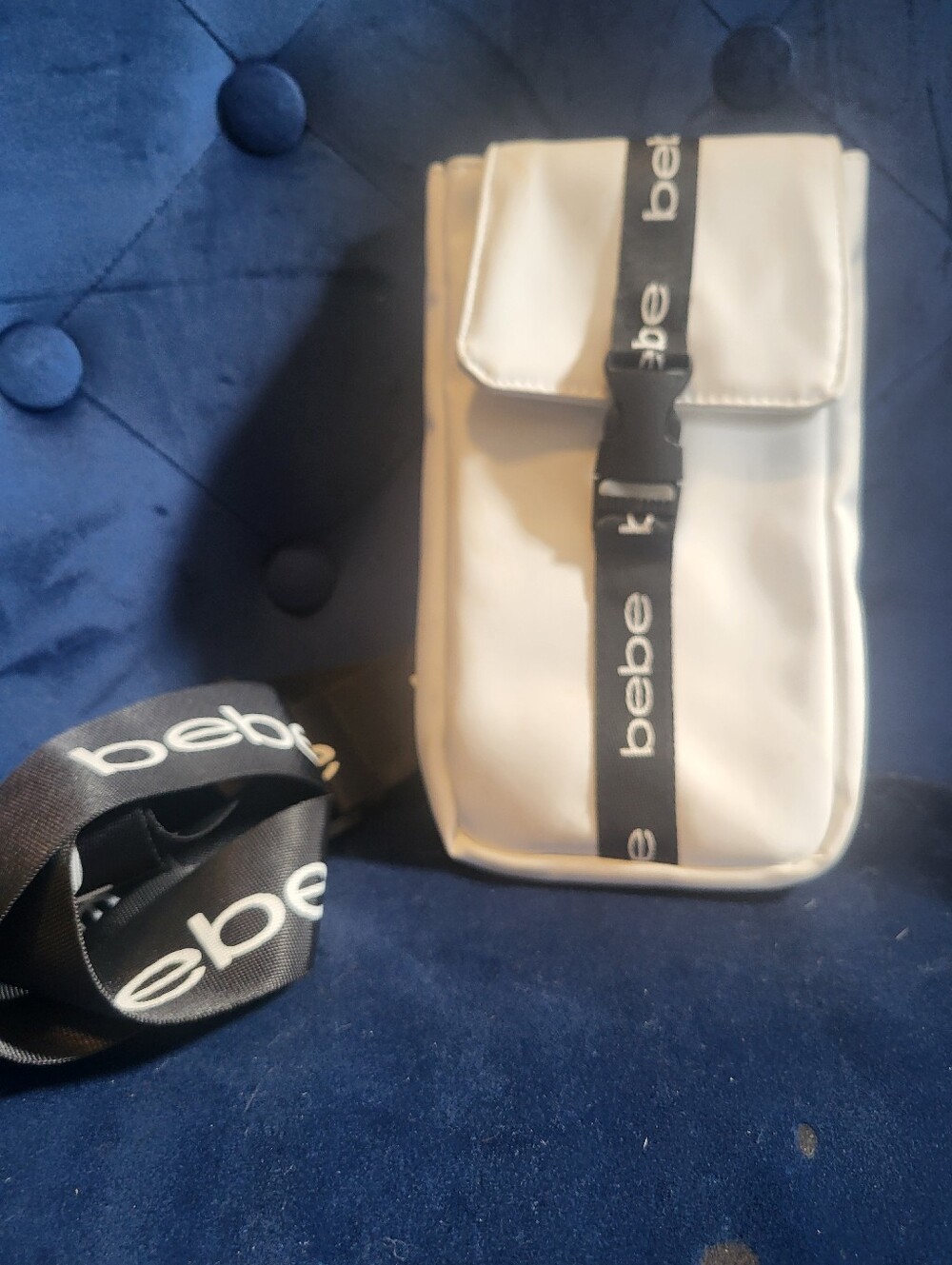bebe White and Black Crossbody Belt Bag with Branded Strap